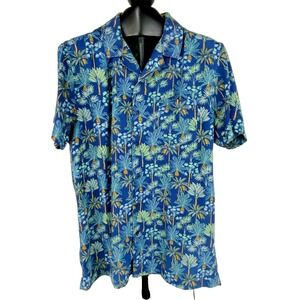 Marc Anthony Short Sleeve Shirt Men's M Luxury Slim Fit Blue Palms Tropical